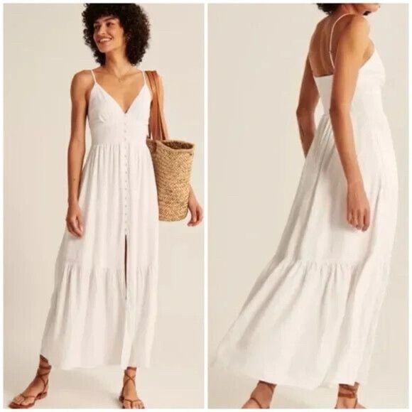 NWT Abercrombie & Fitch button through white Linen Blend maxi dress Sz XXS - Picture 1 of 10